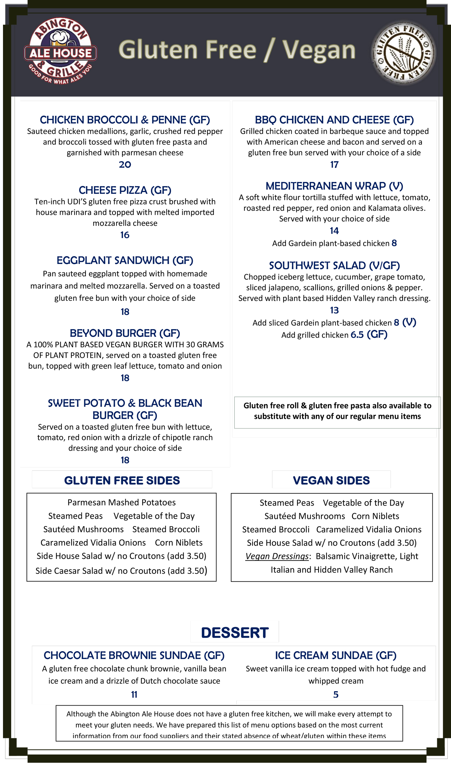 Gluten Free/Vegan Menu